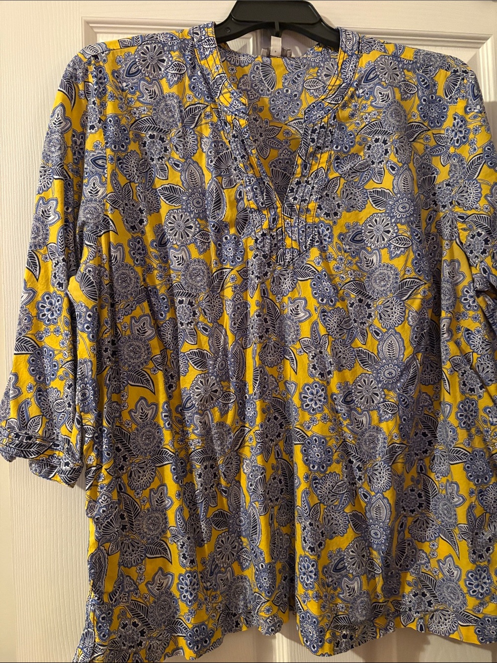 Talbots Yellow and Blue Floral Pintuck Peasant Blouse